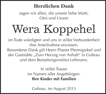 Traueranzeige von Wera Koppehel von WVG - Wochenspiegel Wittenberg