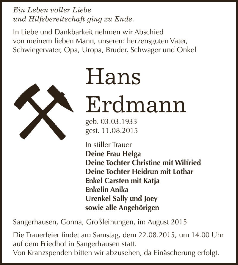 Traueranzeige für Hans Erdmann vom 15.08.2015 aus Super Sonntag SGH Mansf. Land