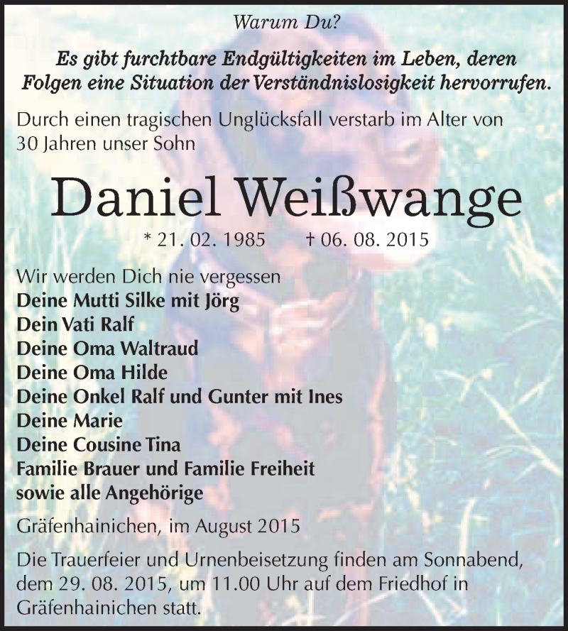  Traueranzeige für Daniel Weißwange vom 22.08.2015 aus WVG - Wochenspiegel Wittenberg