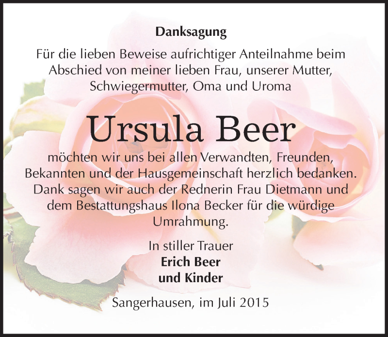  Traueranzeige für Ursula Beer vom 01.08.2015 aus Mitteldeutsche Zeitung Sangerhausen