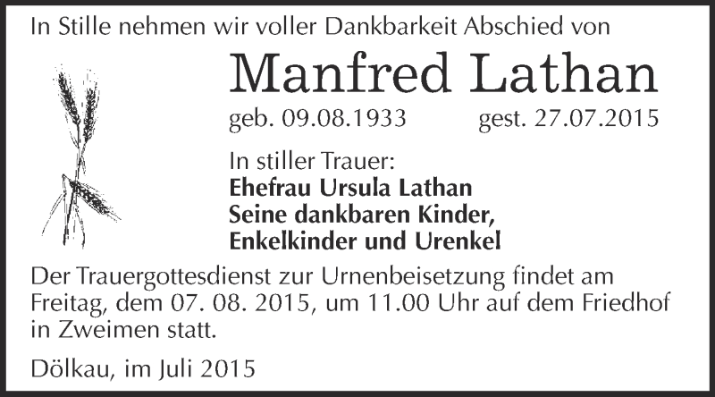  Traueranzeige für Manfred Lathan vom 01.08.2015 aus Super Sonntag Merseburg