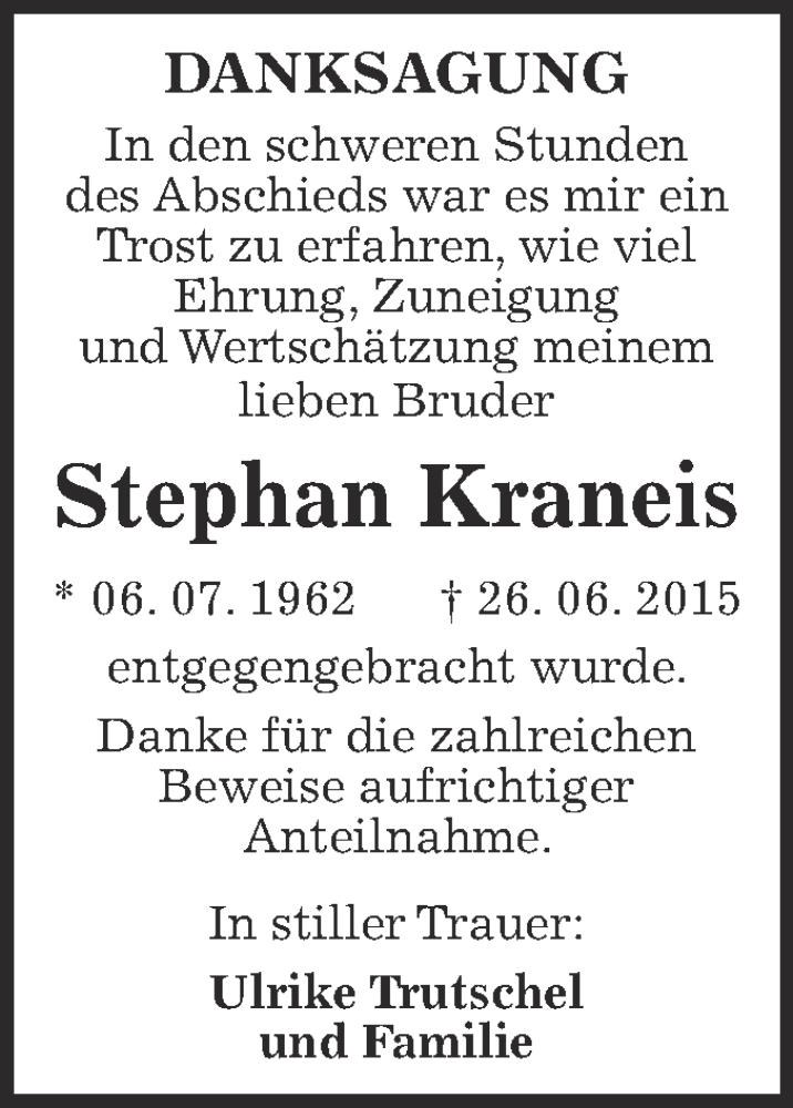  Traueranzeige für Stephan Kraneis vom 01.08.2015 aus Super Sonntag Merseburg