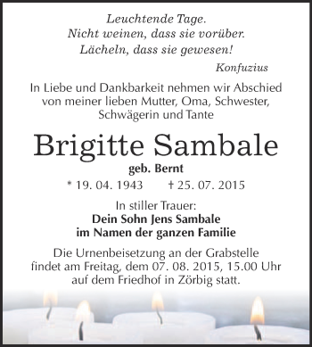 Traueranzeige von Brigitte Sambale von WVG - Wochenspiegel Bitterfeld