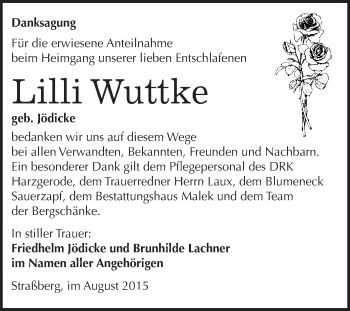 Traueranzeige von Lilli Wuttke von WVG - Wochenspiegel Quedlinburg