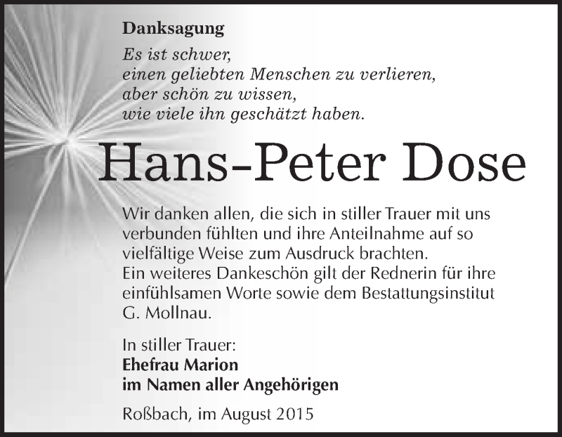  Traueranzeige für Hans-Peter Dose vom 15.08.2015 aus WVG - Wochenspiegel Merseburg