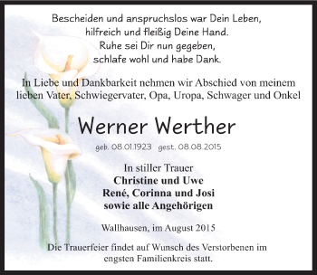 Traueranzeige von Werner Werther von Mitteldeutsche Zeitung Sangerhausen