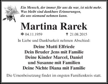 Traueranzeige von Martina Rarek von WVG - Wochenspiegel Dessau / Köthen
