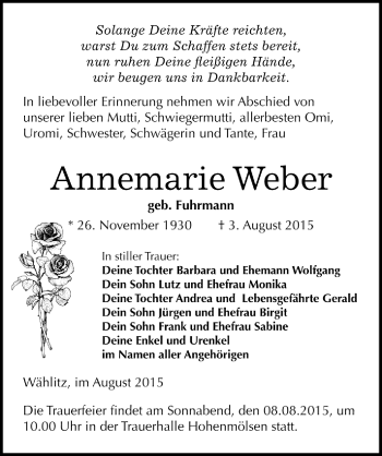 Traueranzeige von Annemarie Weber von Mitteldeutsche Zeitung