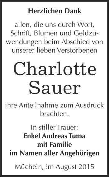 Traueranzeige von Charlotte Sauer von WVG - Wochenspiegel Merseburg