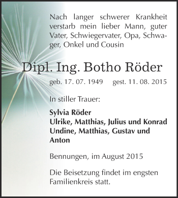 Traueranzeige von Botho Röder von Super Sonntag SGH Mansf. Land