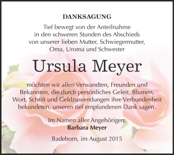 Traueranzeige von Ursula Meyer von WVG - Wochenspiegel Quedlinburg