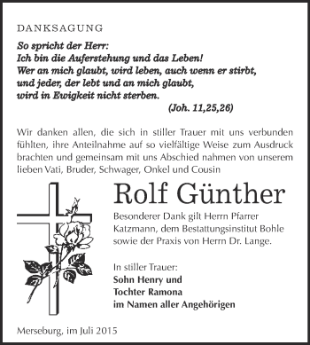 Traueranzeige von Rolf Günther von Super Sonntag Merseburg