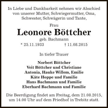 Traueranzeige von Leonore Böttcher von Super Sonntag Bernburg