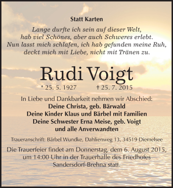Traueranzeige von Rudi Voigt von Mitteldeutsche Zeitung Bitterfeld