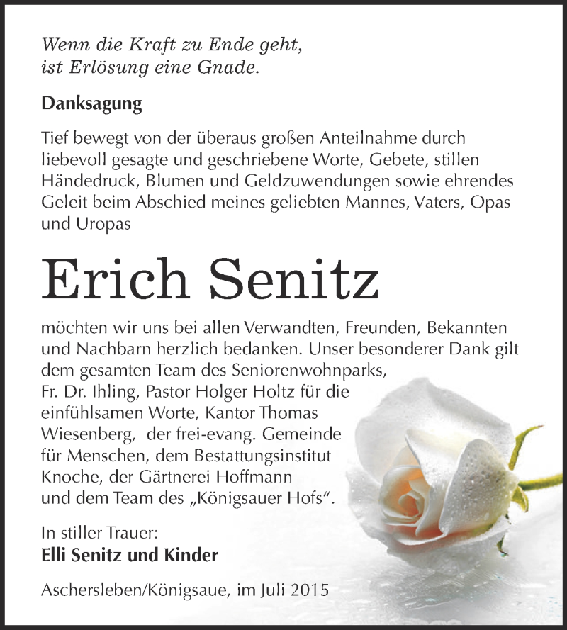  Traueranzeige für Erich Senitz vom 05.08.2015 aus Super Sonntag Aschersleben