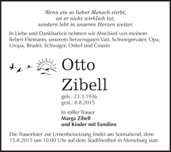 Traueranzeige von Otto Zibell von WVG - Wochenspiegel Merseburg