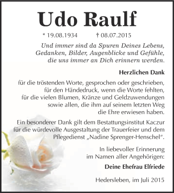 Traueranzeige von Udo Raulf von Super Sonntag Quedlinburg