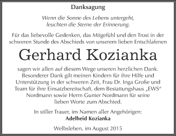 Traueranzeige von Gerhard Kozianka von Super Sonntag SGH Mansf. Land