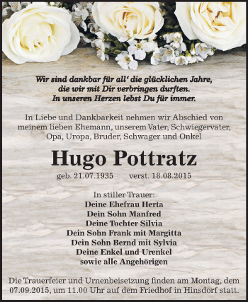 Traueranzeige von Hugo Pottratz von WVG - Wochenspiegel Dessau / Köthen