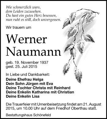 Traueranzeige von Werner Naumann von Super Sonntag Merseburg