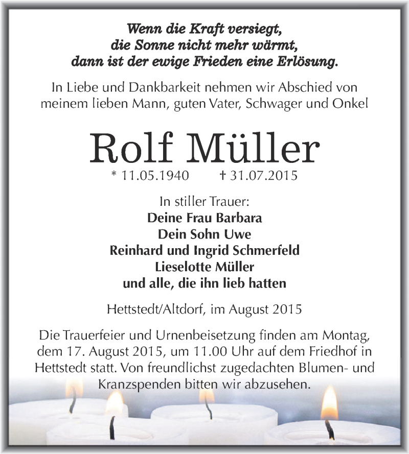  Traueranzeige für Rolf Müller vom 12.08.2015 aus Wochenspiegel Mansfelder Land