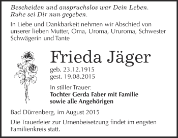 Traueranzeige von Frieda Jäger von Super Sonntag Merseburg