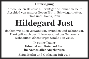 Traueranzeige von Hildegard Just von Super Sonntag Zeitz