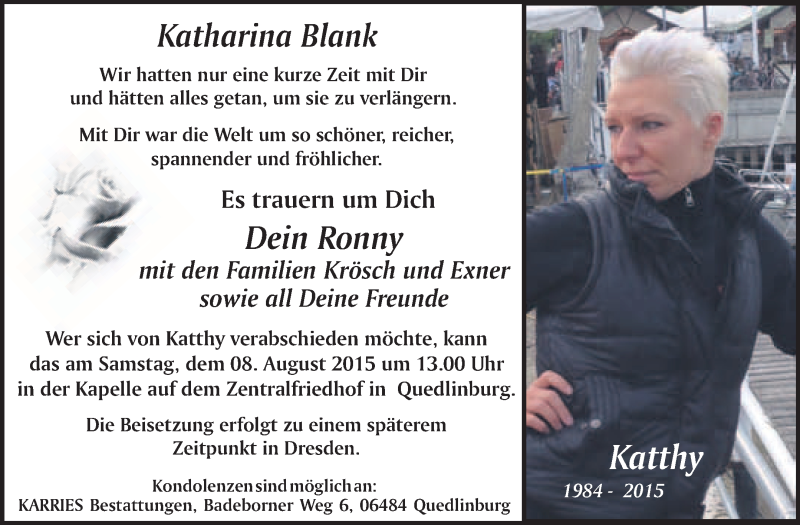  Traueranzeige für Katharina Blank vom 01.08.2015 aus WVG - Wochenspiegel Quedlinburg