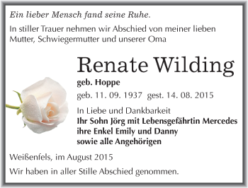 Traueranzeige von Renate Wilding von Mitteldeutsche Zeitung Weißenfels