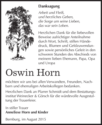 Traueranzeige von Oswin Horn von Super Sonntag Bernburg