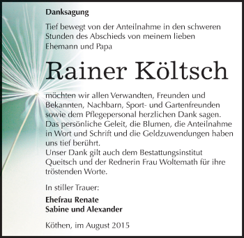 Traueranzeige von Rainer Költsch von Mitteldeutsche Zeitung Köthen