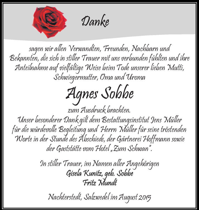  Traueranzeige für Agnes Sobbe vom 05.08.2015 aus Super Sonntag Aschersleben