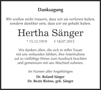 Traueranzeige von Hertha Sänger von Super Sonntag Wittenberg
