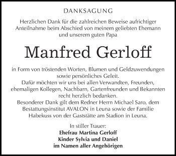 Traueranzeige von Manfred Gerloff von WVG - Wochenspiegel Merseburg