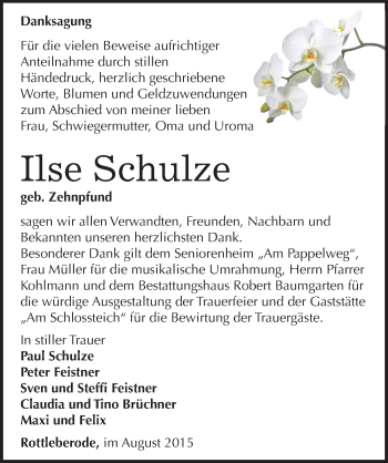Traueranzeige von Ilse Schulze von Mitteldeutsche Zeitung Sangerhausen