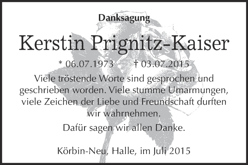  Traueranzeige für Kerstin Prignitz-Kaiser vom 01.08.2015 aus WVG - Wochenspiegel Wittenberg