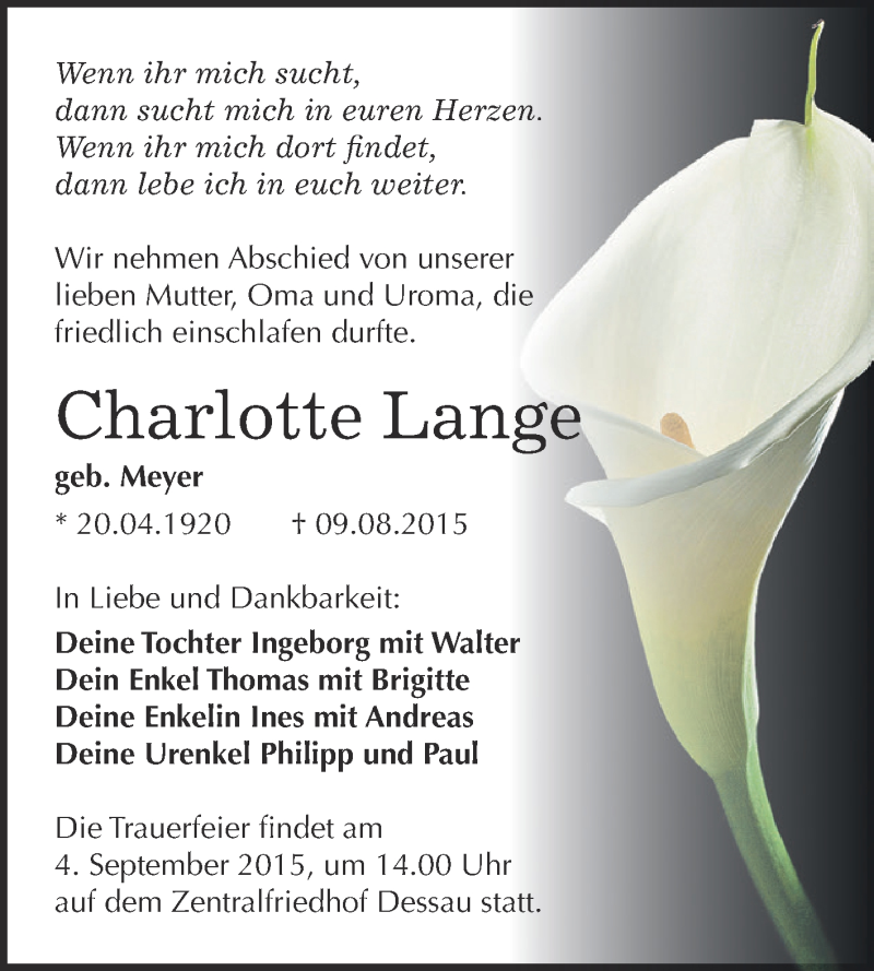  Traueranzeige für Charlotte Lange vom 22.08.2015 aus WVG - Wochenspiegel Dessau / Köthen