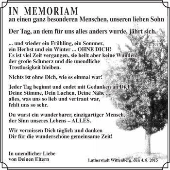Traueranzeige von unseren lieben Sohn  von WVG - Wochenspiegel Wittenberg