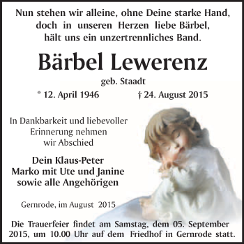 Traueranzeige von Bärbel Lewerenz von WVG - Wochenspiegel Quedlinburg