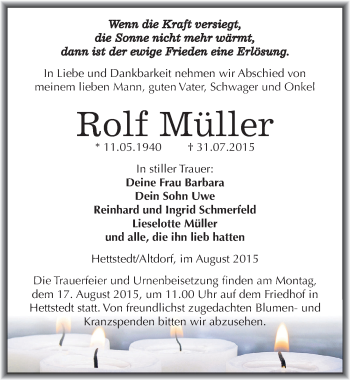 Traueranzeige von Rolf Müller von Mitteldeutsche Zeitung Mansfelder Land
