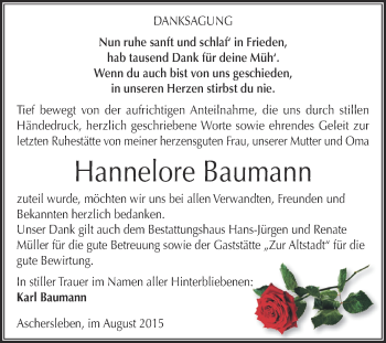Traueranzeige von Hannelore Baumann von Super Sonntag Aschersleben