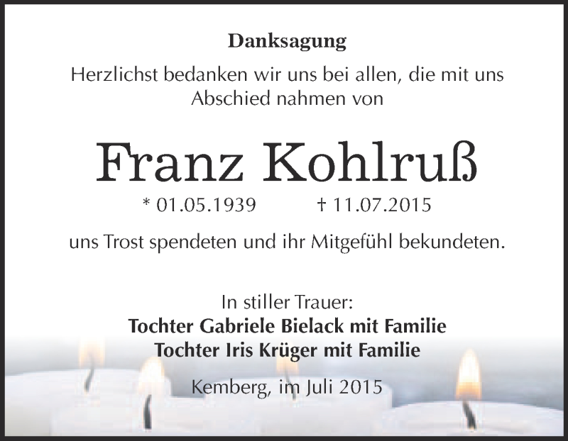  Traueranzeige für Franz Kohlruß vom 01.08.2015 aus WVG - Wochenspiegel Wittenberg