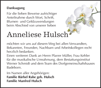 Traueranzeige von Anneliese Hulsch von Mitteldeutsche Zeitung Quedlinburg