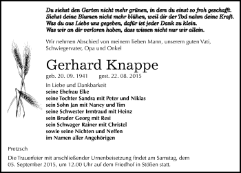 Traueranzeige von Gerhard Knappe von Mitteldeutsche Zeitung Weißenfels