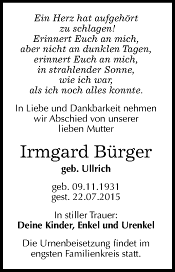 Traueranzeige von Irmgard Bürger von Mitteldeutsche Zeitung Halle/Saalkreis