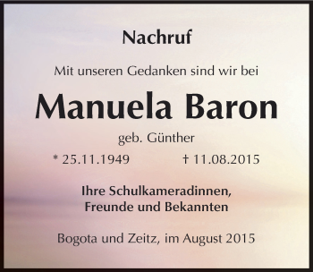 Traueranzeige von Manuela Baron von Mitteldeutsche Zeitung Zeitz