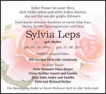 Traueranzeige von Sylvia Leps von Super Sonntag Wittenberg