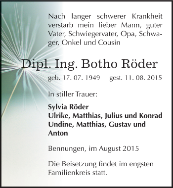 Traueranzeige von Botho Röder von Mitteldeutsche Zeitung Sangerhausen
