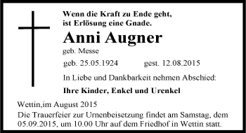 Traueranzeige von Anni Augner von Mitteldeutsche Zeitung Halle/Saalkreis
