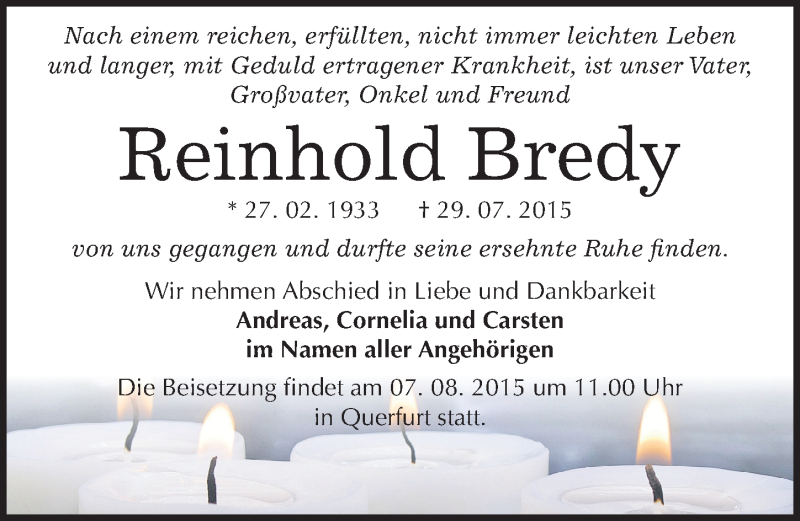  Traueranzeige für Reinhold Bredy vom 04.08.2015 aus Mitteldeutsche Zeitung Merseburg/Querfurt